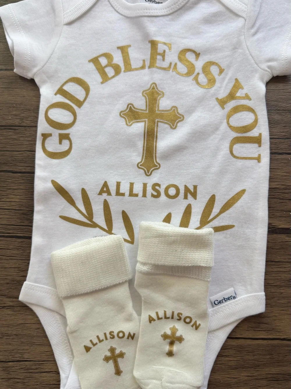 God Bless You Personalized Baby Onesie with Socks - White & Gold